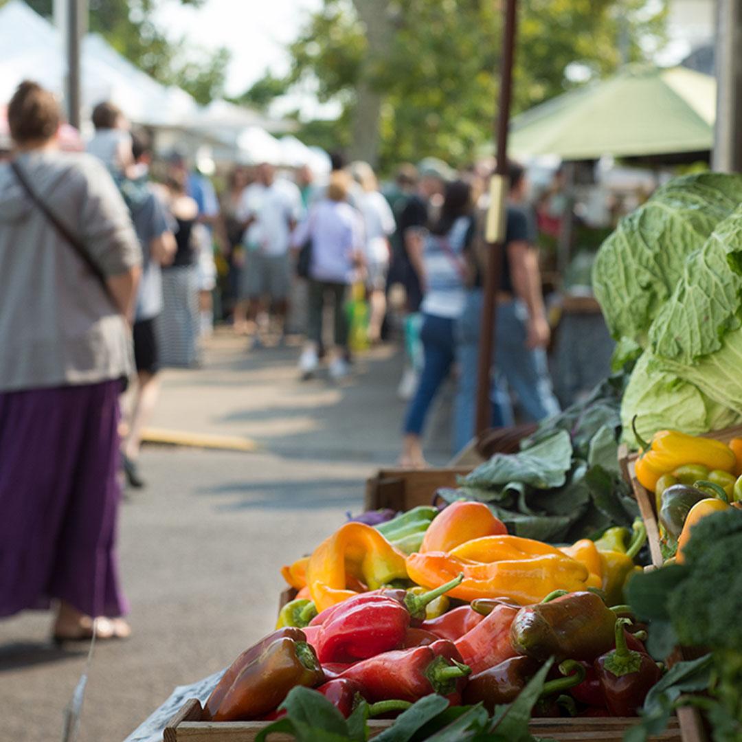 A busy outdoor farmers market filled with people. A stand of fruit and vegetables is seen in the foreground.